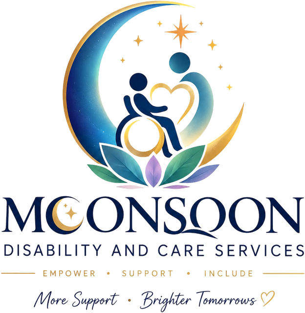 Moonsoon Disability and Care Services logo. Empower, support, include. More support, brighter tomorrows.